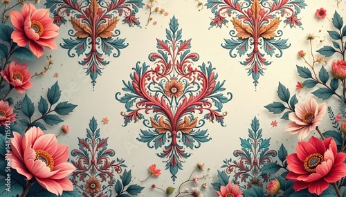 Intricate floral damask wallpaper in muted tones, background, retro