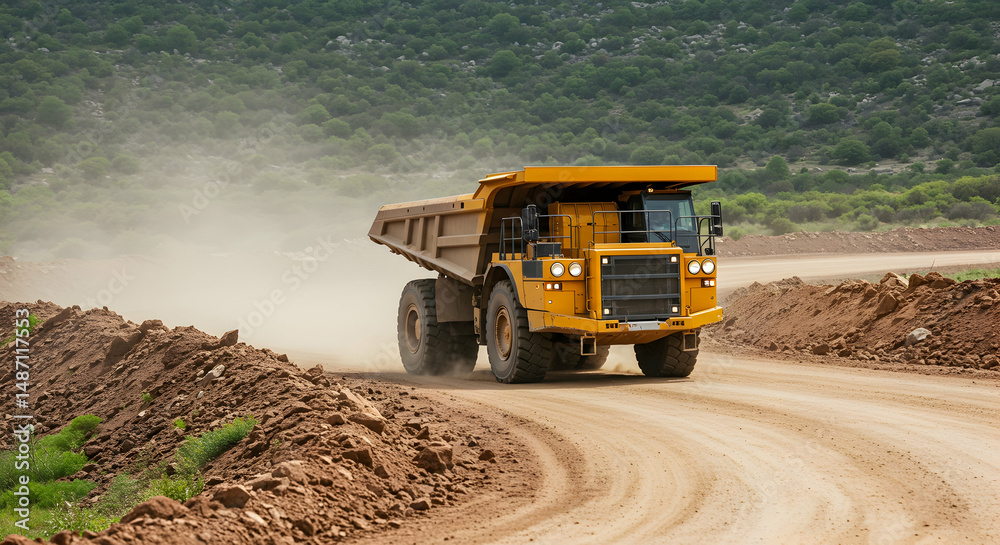 Obraz premium mining truck, dump truck, haul truck, Yellow Mining Dump Truck on a Dirt Road