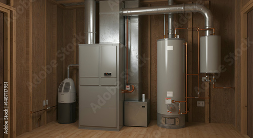 home heating system,  hot water heater,  furnace, Modern Home Heating and Hot Water System in a Wooden Utility Room