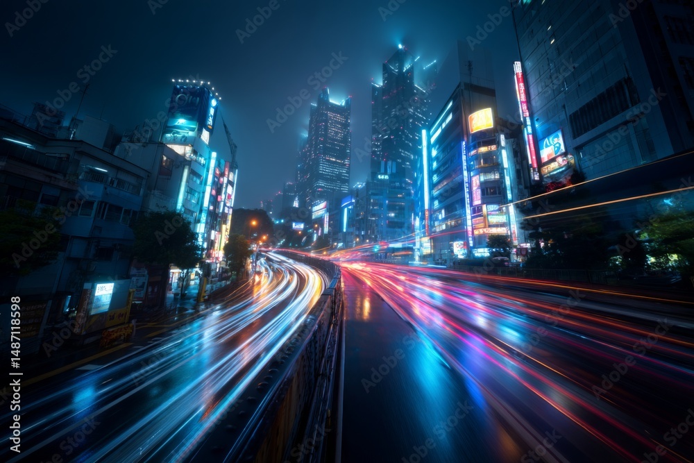 Naklejka premium Tokyo skyline at night with glowing city lights and light trails from traffic, neon signs, vibrant urban energy, futuristic vibe 
