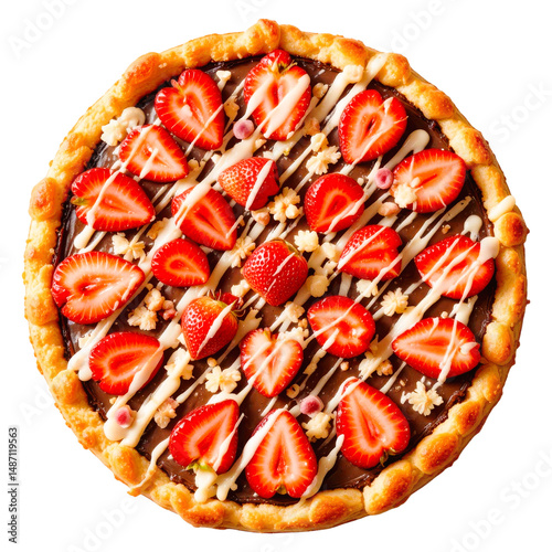 A gourmet dessert pizza with a chocolate base, fresh strawberries, white chocolate drizzle, and golden crust on a transparent background