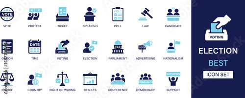 Election icon set collection. Vote, protest, ticket, speaking, poll, law, candidate, option, voting, advertising, country, conference and best solid icon set.