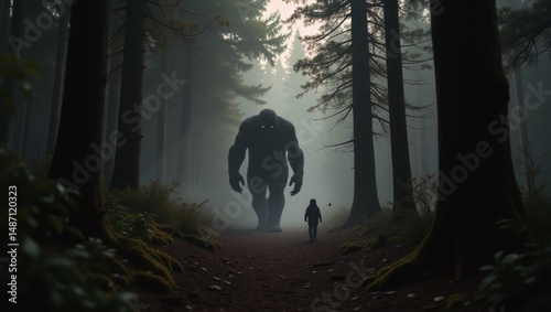 Mysterious giant creature walking through dense foggy forest with tiny human figure