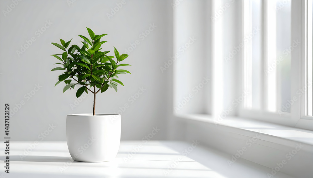 Fototapeta premium Small Green Plant in White Pot on White Windowsill