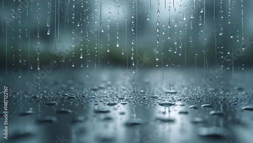 Raindrops falling onto a surface creating ripples with a blurred background.