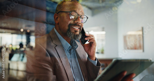 Tablet, cubicle or black man with phone call for talking, asset management or financial advice. African portfolio manager, glass and negotiation in hybrid booth for investment, deal or private equity