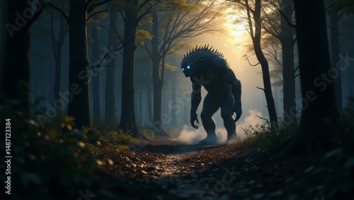 Mystical forest scene featuring a towering creature with glowing eyes and spiky back