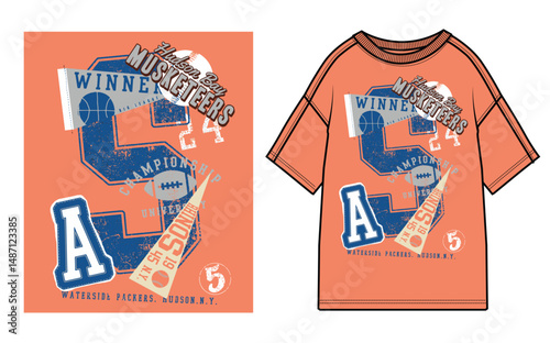 A dynamic and layered kids’ T-shirt graphic featuring collegiate and sports motifs