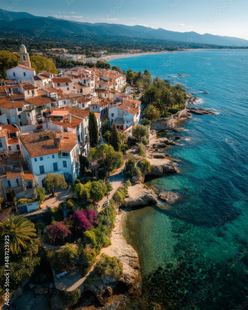 Obraz premium Aerial view of a charming Mediterranean coastal town, red rooftops, blue sea, sunlit buildings, winding streets, summer holiday vibe