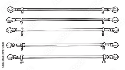 Metal Curtain Rod line art showing sleek industrial window hardware