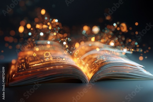 Abstract open book glowing with particles and floating education symbols representing knowledge.