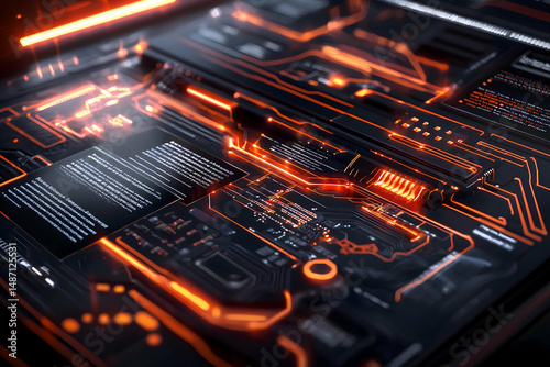 Tech board presentation with illuminated circuits and futuristic design elements in brochure format.