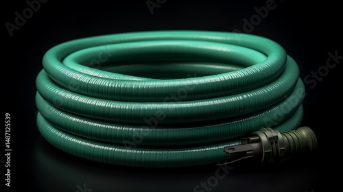Green garden hose coiled with black background.