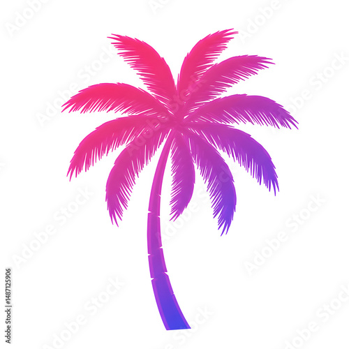 Retro-styled palm tree with neon pink and violet glowing leaves in vaporwave aesthetic. Isolated on transparent background. Perfect for synthwave designs and digital art.