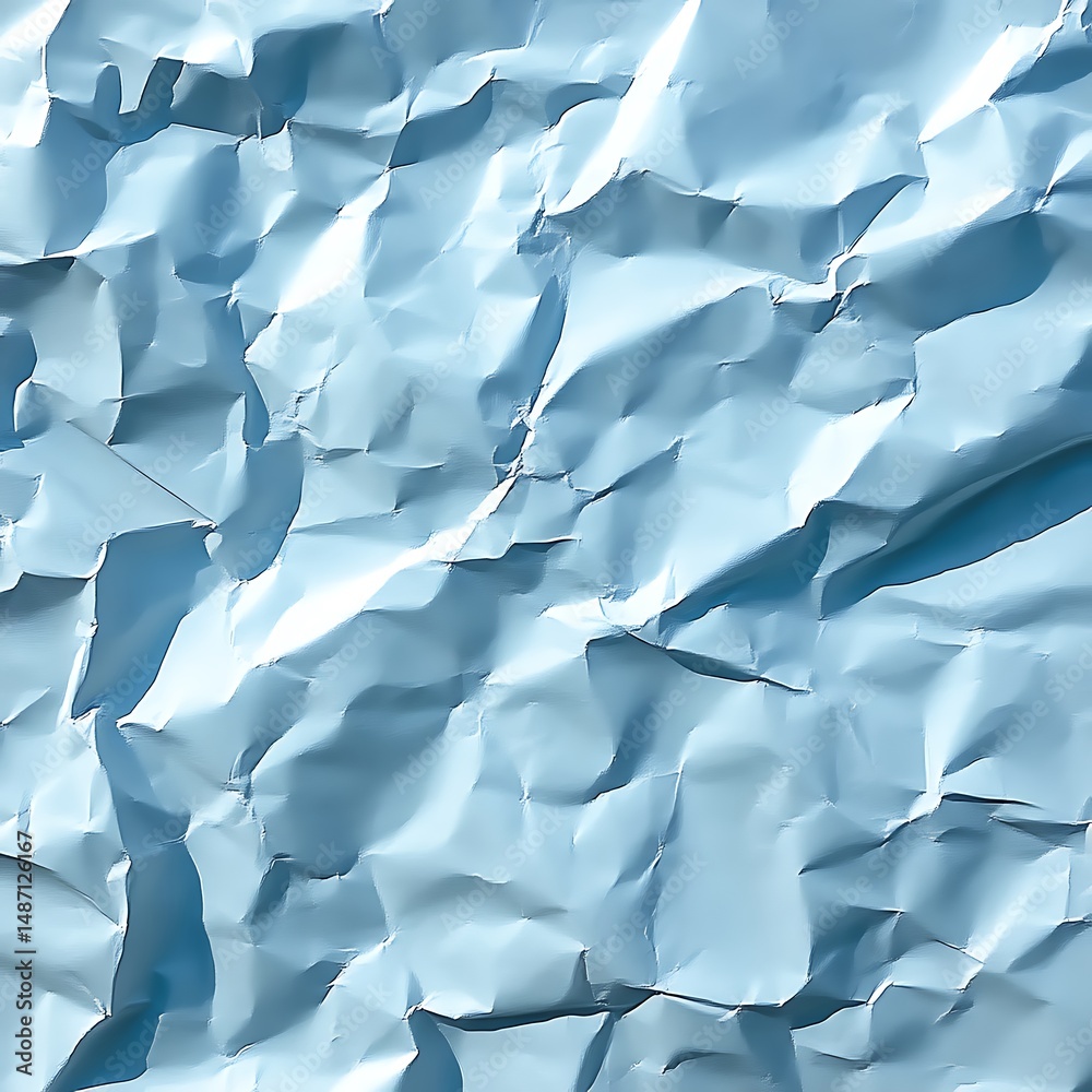 Fototapeta premium Crumpled light blue paper texture. Detailed close-up view of creased, uneven surface