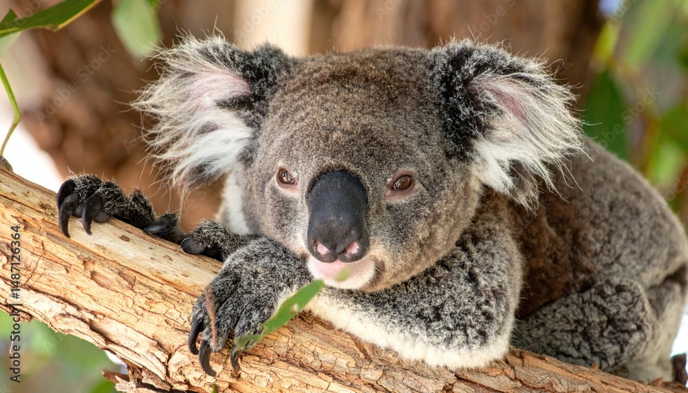 Naklejka premium Adorable koala perched on a branch, observing the natural world around it