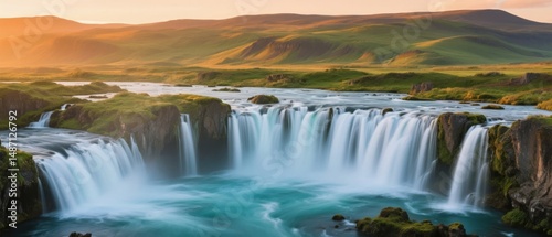 Waterfall in a Lush Green Landscape at Sunset