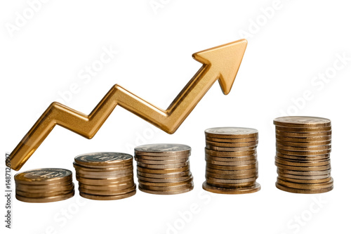 Stacks of coins with upward arrow.  Financial growth concept.