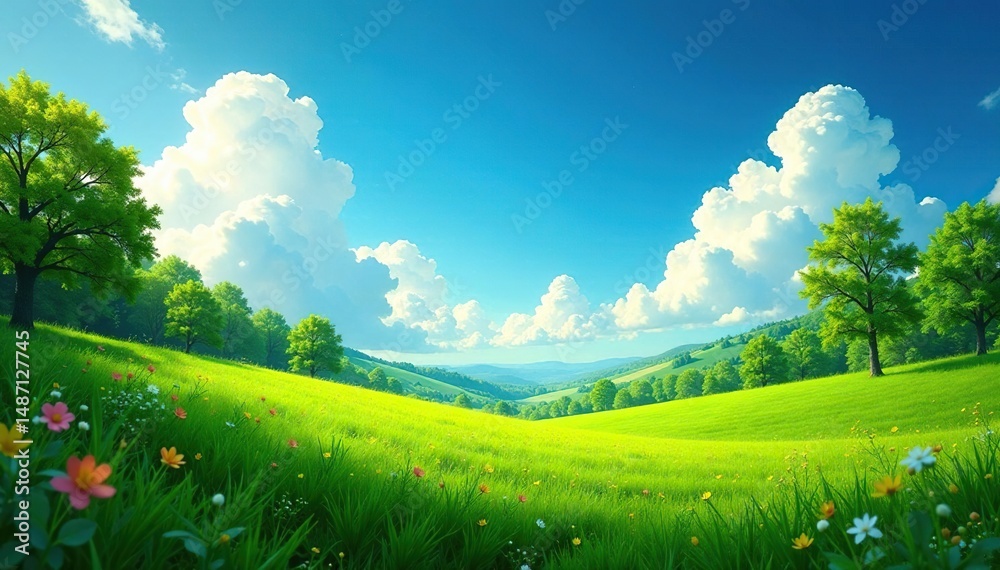 Fototapeta premium Lush green meadow with vibrant foliage under a bright sky , grass, background