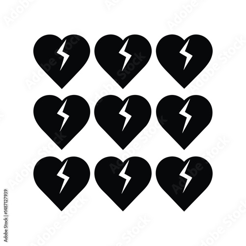 Nine black broken heart symbols on a white background illustrating heartbreak and sadness