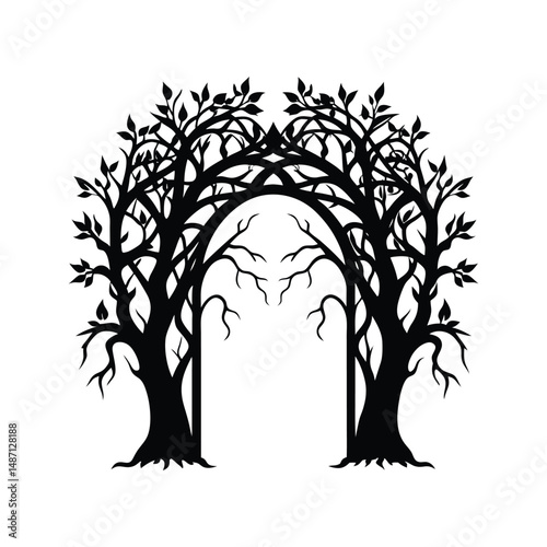Silhouette illustration of two trees forming an archway with leaves and branches in black and white