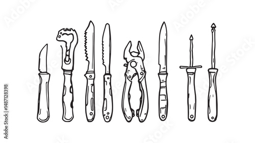 Multi-Tool line art sketch highlighting portable multi purpose utility device
