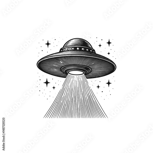 Vintage Engraving of UFO with Beam of Light, drawn in an engraved, woodcut style with fine details sketch engraving vector illustration. Scratch board imitation. Black and white image. flat vector 