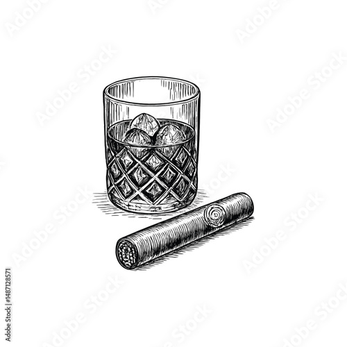 Vintage Engraving of Whiskey Glass with Ice and Cigar, drawn in an engraved, woodcut style with fine details sketch engraving vector illustration. Scratch board imitation. Black and white image. 