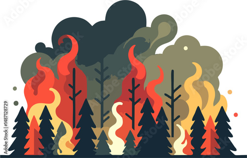 Flat Vector Illustration of Forest Fire with Dark Smoke and Burning Trees – Climate Crisis Concept