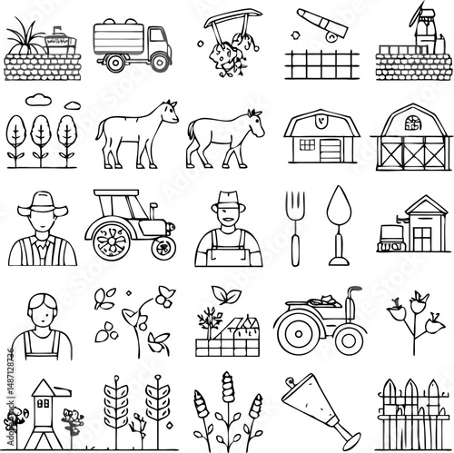 A vector set features a cartoon farm animals collection with doodle sketch icons, an illustration design for web use