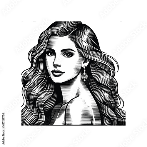 Vintage Engraving of Elegant Woman with Flowing Hair, drawn in an engraved, woodcut style with fine details sketch engraving vector illustration. Scratch board imitation. Black and white image. 