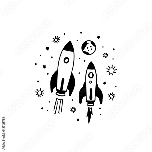 Hand-drawn cosmic adventure featuring stylized rockets, celestial bodies, and stars