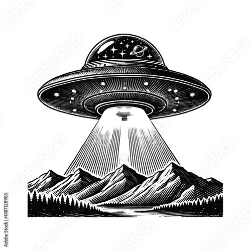 Vintage Engraving of UFO Flying Saucer Over Mountains, drawn in an engraved, woodcut style with fine details sketch engraving vector illustration. Scratch board imitation. Black and white image. 