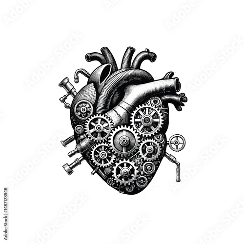 Vintage Engraving of Mechanical Heart with Gears and Tubes, drawn in an engraved, woodcut style with fine details sketch engraving vector illustration. Scratch board imitation. Black and white image. 