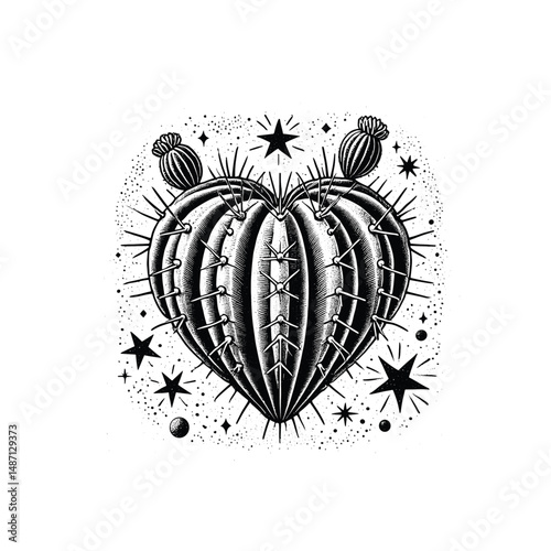 Heart-Shaped Cactus Cluster Engraving, drawn in an engraved, woodcut style with fine details sketch engraving vector illustration. Scratch board imitation. Black and white image. flat vector design