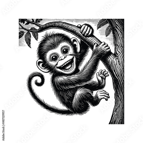 Cute Baby Monkey Climbing Tree Engraving Illustration, drawn in an engraved, woodcut style with fine details sketch engraving vector illustration. Scratch board imitation. Black and white image. 