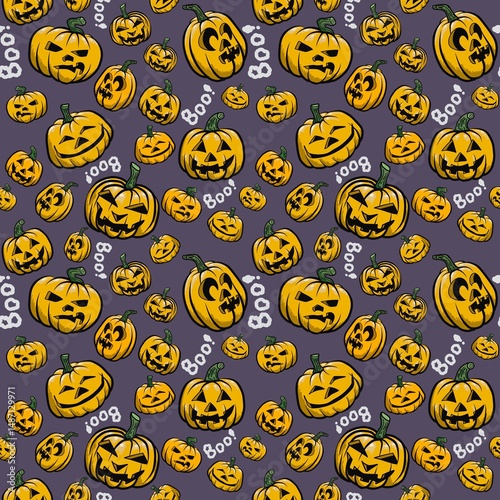 Halloween seamless pattern - creepy pumpkin lanterns with scary faces, traditional holiday halloween symbols ,seamless texture