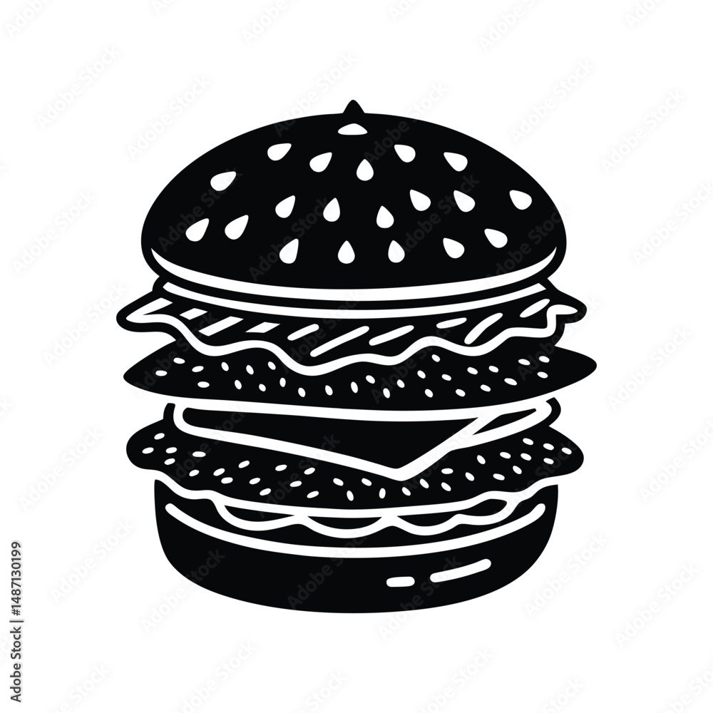 Delicious classic burger vector illustration in bold black and white style isolated Delicious classic burger vector illustration in bold black and white style isolated