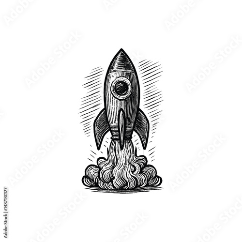 Vintage Rocket with smoke Engraving Illustration, drawn in an engraved, woodcut style with fine details sketch engraving vector illustration. Scratch board imitation. Black and white image. 