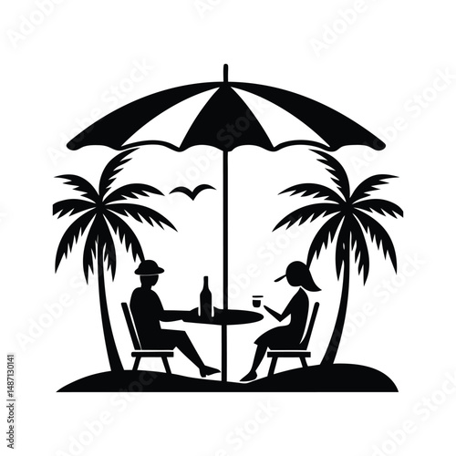 Couple relaxing at a beachside table under an umbrella with palm trees silhouette graphic