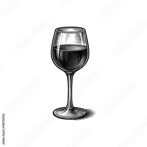 Vintage Wine Glass Engraving Illustration, drawn in an engraved, woodcut style with fine details sketch engraving vector illustration. Scratch board imitation. Black and white image. flat vector 