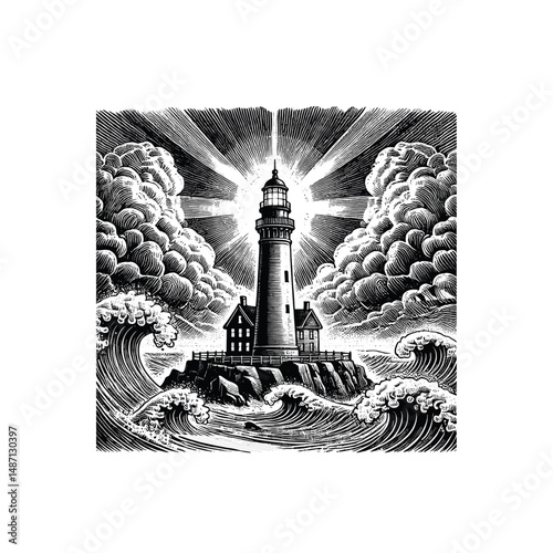 Vintage Lighthouse Engraving with Stormy Sea and Waves, drawn in an engraved, woodcut style with fine details sketch engraving vector illustration. Scratch board imitation. Black and white image. 