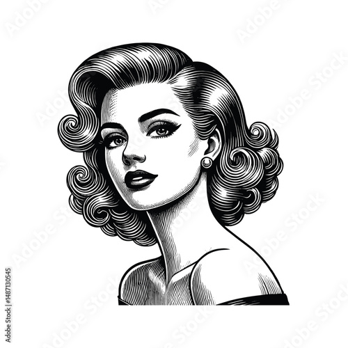 Vintage Glamour Portrait of Woman with Classic Curls, drawn in an engraved, woodcut style with fine details sketch engraving vector illustration. Scratch board imitation. Black and white image. 