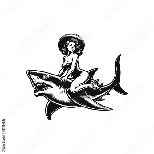 Retro Pin-Up Style Woman Riding Fierce Shark Illustration, drawn in an engraved, woodcut style with fine details sketch engraving vector illustration. Scratch board imitation. Black and white image. 