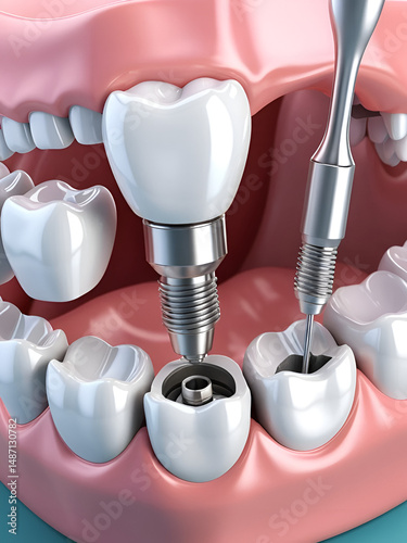 Dental instruments and Laser dentistry . Realistic illustration Render of upper teeth. Dental anatomy.