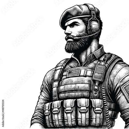 Vintage Army commander Engraving Illustration, drawn in an engraved, woodcut style with fine details sketch engraving vector illustration. Scratch board imitation. Black and white image. flat vector 