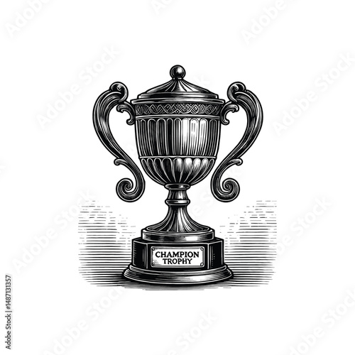 Vintage Champions Trophy Engraving Illustration, drawn in an engraved, woodcut style with fine details sketch engraving vector illustration. Scratch board imitation. Black and white image. flat vector