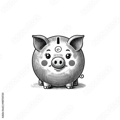 Vintage Cute pigy bank Engraving Illustration, drawn in an engraved, woodcut style with fine details sketch engraving vector illustration. Scratch board imitation. Black and white image. flat vector 