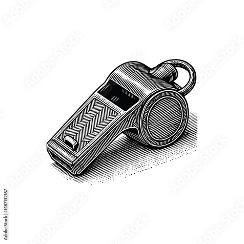 Vintage Whistle Engraving Illustration, drawn in an engraved, woodcut style with fine details sketch engraving vector illustration. Scratch board imitation. Black and white image. flat vector design