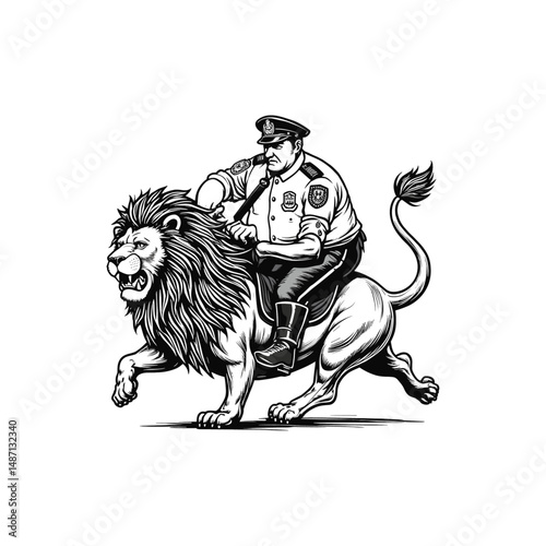 Vintage Police riding a lion Engraving Illustration, drawn in an engraved, woodcut style with fine details sketch engraving vector illustration. Scratch board imitation. Black and white image. 